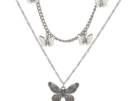 Silver-Plated Layered Butterfly Station Necklace on Sale