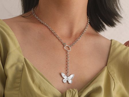 Silver-Plated Butterfly Pendant Drop Necklace on Sale