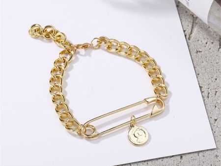 18K Gold-Plated Coin Charm Safety Pin Chain Bracelet For Cheap