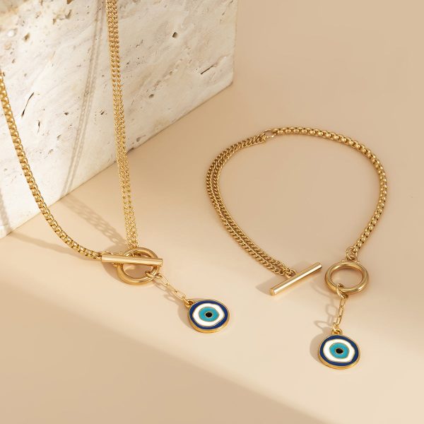 Blue Enamel & 18K Gold-Plated Evil Eye Toggle Necklace & Toggle Bracelet Supply