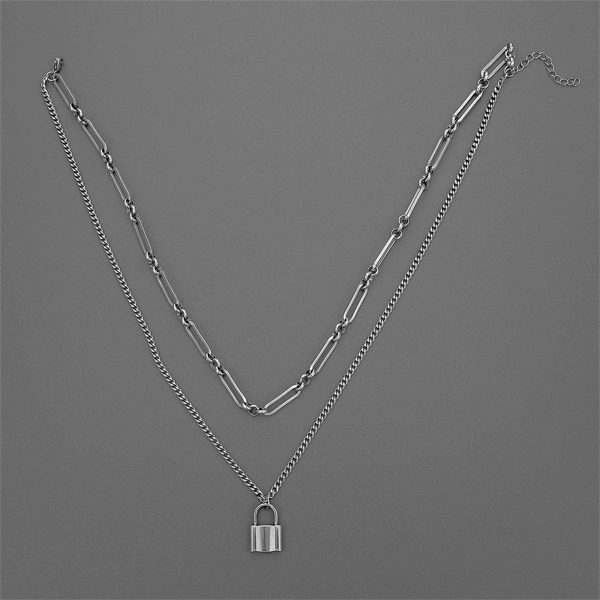 Silver-Plated Lock Layered Pendant Necklace Hot on Sale