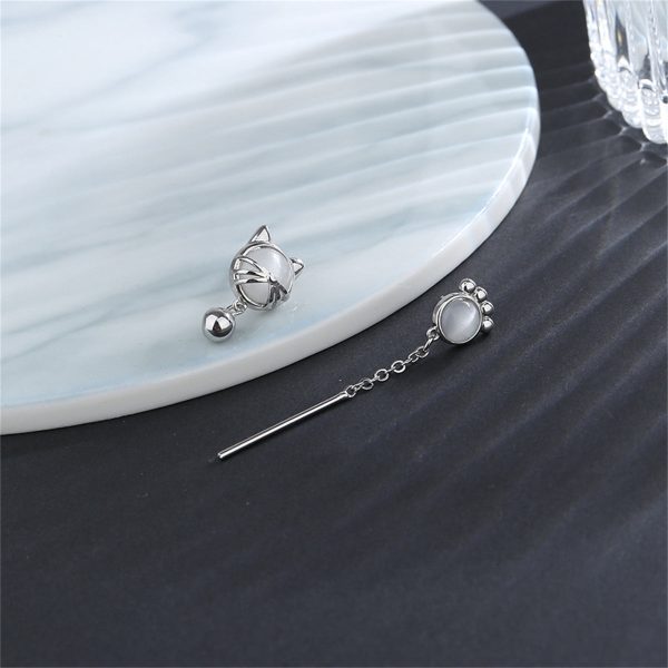 White Cat Eye & Silver-Plated Kitty Mismatching Drop Earrings For Discount