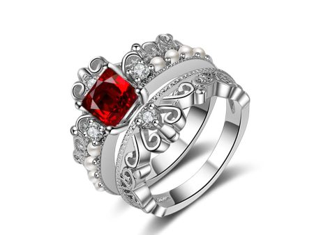 Red Crystal & Pearl Silver-Plated Crown Ring Set Online now