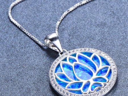 Blue Opal & Cubic Zirconia Round Lotus Pendant Necklace Online Sale