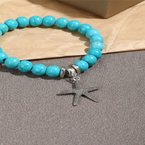 Turquoise & Silver-Plated Starfish Beaded Stretch Bracelet For Discount