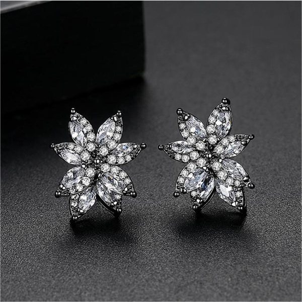 Black Crystal & Cubic Zirconia Flower Stud Earrings Cheap