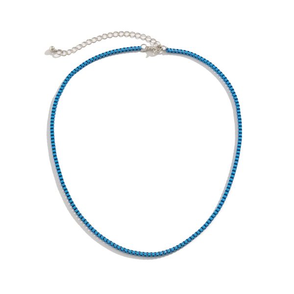 Blue Enamel & Silver-Plated Box Chain Necklace For Cheap