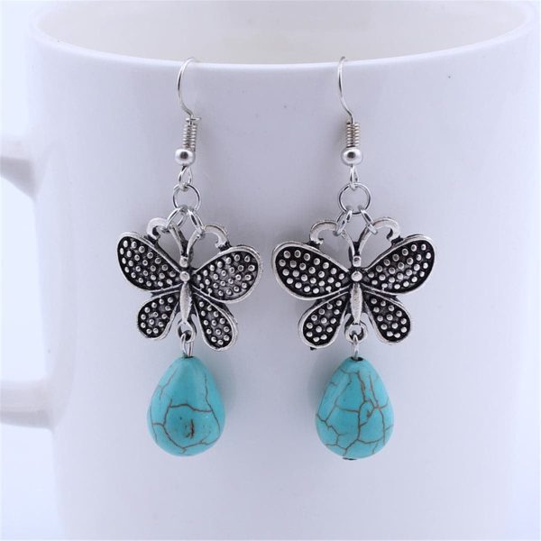 Turquoise & Silver-Plated Butterfly Drop Earrings Fashion