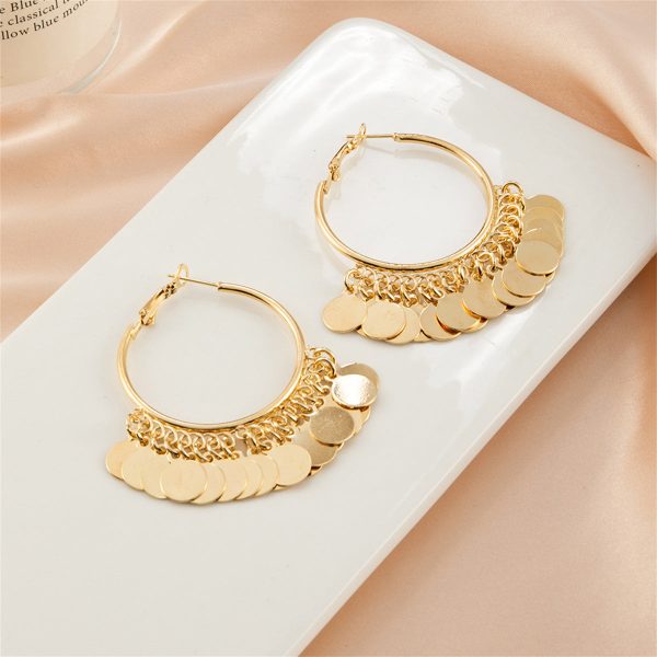 18K Gold-Plated Disc Tassel Huggie Earrings For Sale