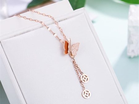 18K Rose Gold-Plated Frosted Butterfly Coin Tassel Pendant Necklace Supply