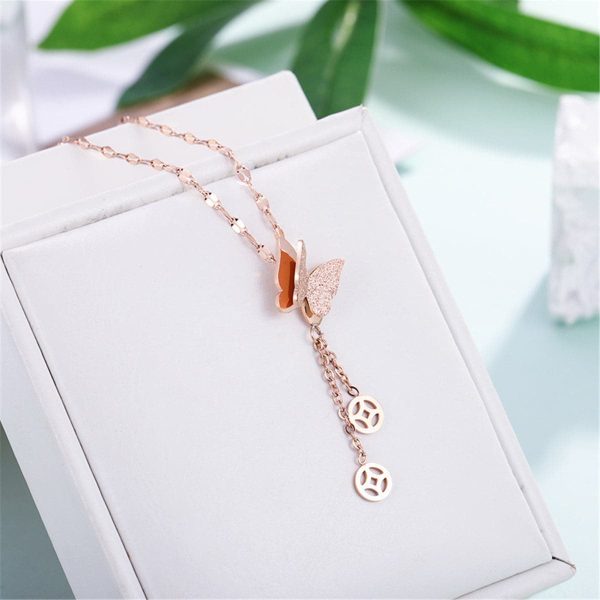 18K Rose Gold-Plated Frosted Butterfly Coin Tassel Pendant Necklace Supply