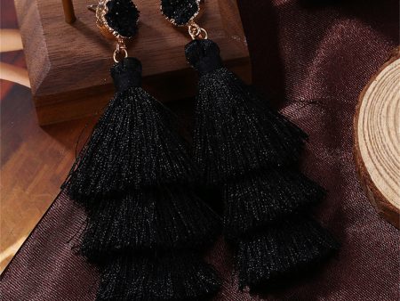 Black Tri-Layered Tassel Drop Earrings For Discount