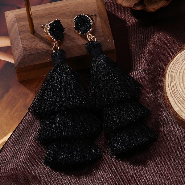 Black Tri-Layered Tassel Drop Earrings For Discount