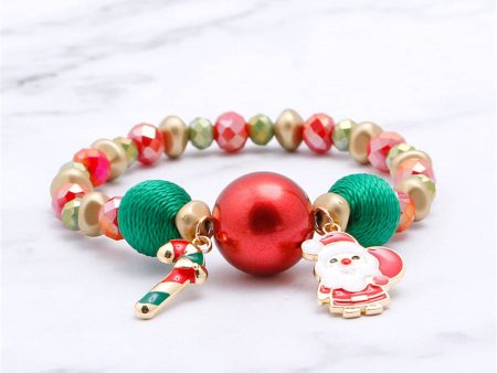 18K Gold-Plated Candy Cane Charm Beaded Stretch Bracelet For Sale