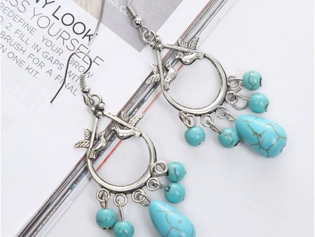 Turquoise & Silver-Plated Bird Teardrop Earrings For Discount