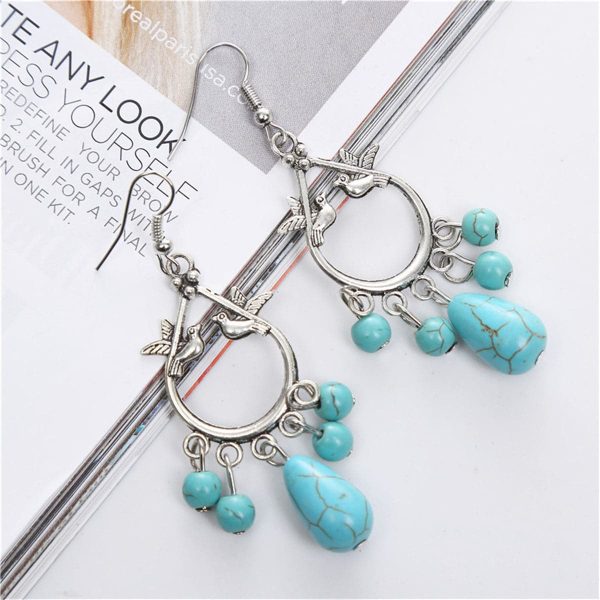 Turquoise & Silver-Plated Bird Teardrop Earrings For Discount