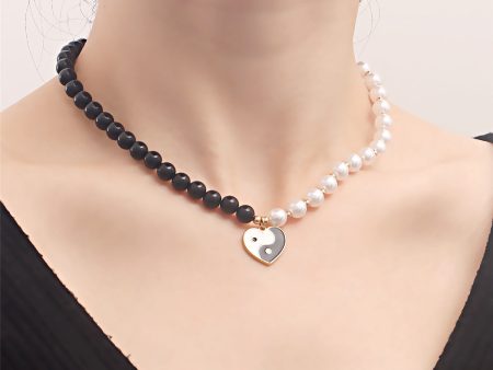 Black & White Pearl Yin Yang Heart Pendant Necklace Online now