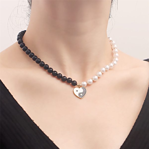 Black & White Pearl Yin Yang Heart Pendant Necklace Online now