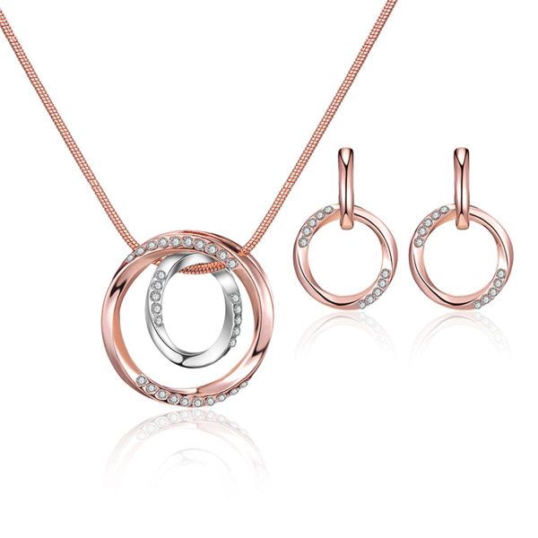 Two-Tone & Cubic Zirconia Double-Ring Pendant Necklace & Drop Earrings Fashion