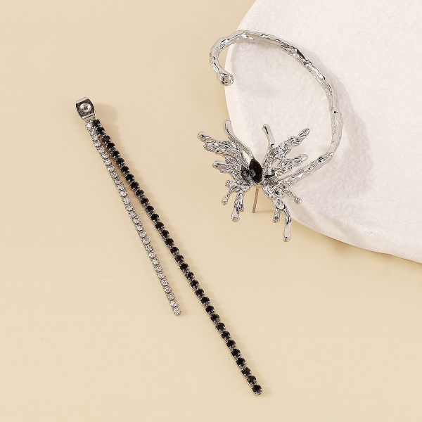 Black Crystal & Cubic Zirconia Butterfly Tassel Ear Cuff Online now