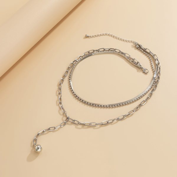 Silver-Plated Snake Chain Bead Drop Layered Necklace Cheap