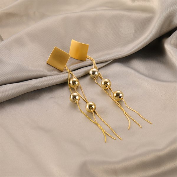 18K Gold-Plated Diamond-Shape Beaded Tassel Drop Earrings Fashion