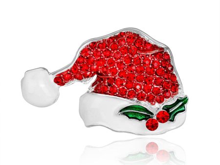 Cubic Zirconia & Enamel Silver-Plated Santa Hat Brooch For Sale