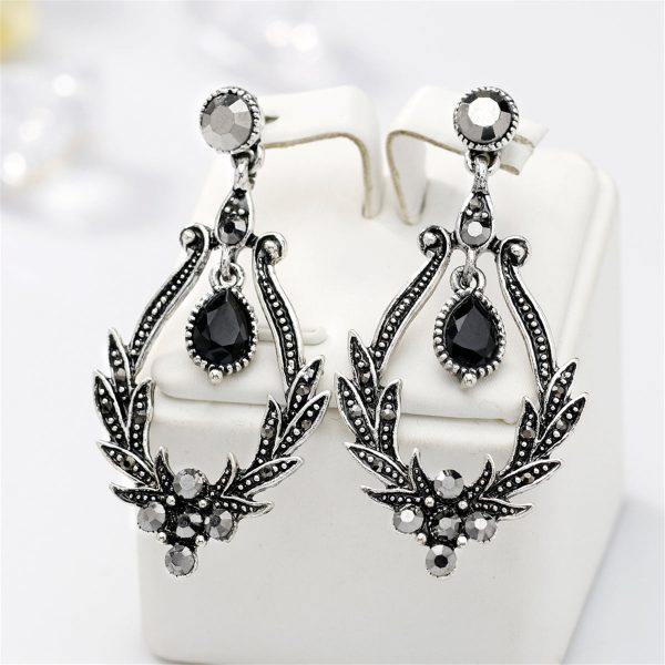 Black Crystal & Cubic Zirconia Botanical Teardrop Earrings on Sale