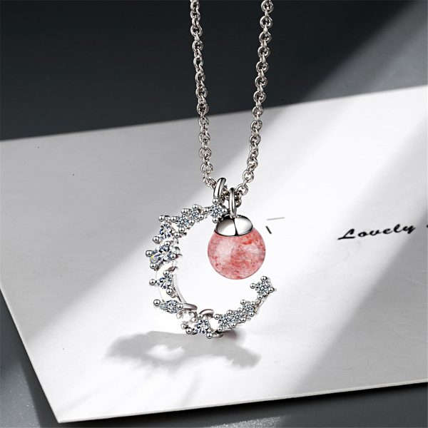 Strawberry Red Crystal & Cubic Zirconia Moon Pendant Necklace Sale