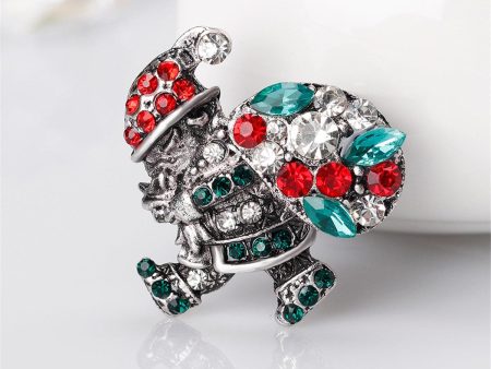 Cubic Zirconia & Crystal Silver-Plated Gifting Santa Claus Brooch For Sale