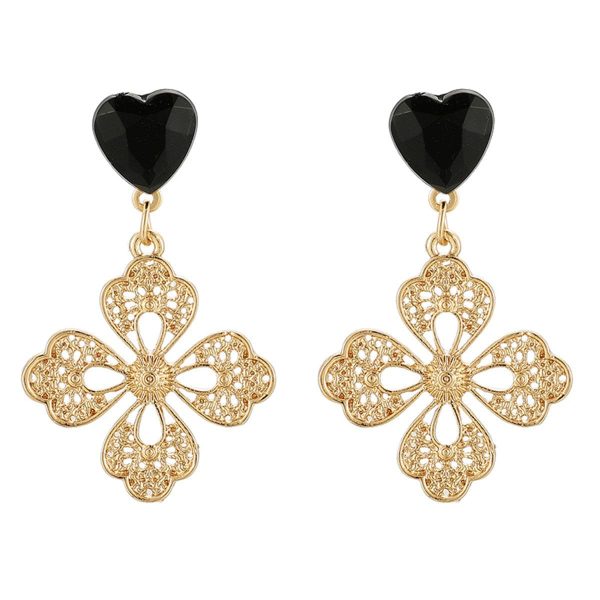 Black Crystal & 18K Gold-Plated Filigree Heart Floral Drop Earrings For Cheap