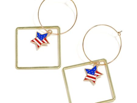 18K Gold-Plated American Flags Star & Hollow Square Drop Earrings Fashion