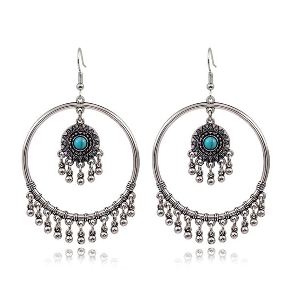 Turquoise & Silver-Plated Big Circle Drop Earrings Fashion