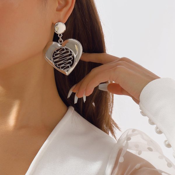 Silver-Plated Open Stripped Heart Drop Earrings Online