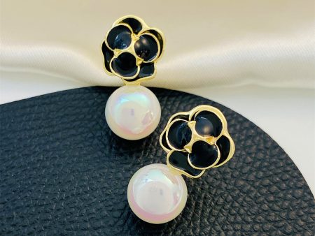 White Pearl & Black Enamel 18K Gold-Plated Flower Drop Earrings For Sale