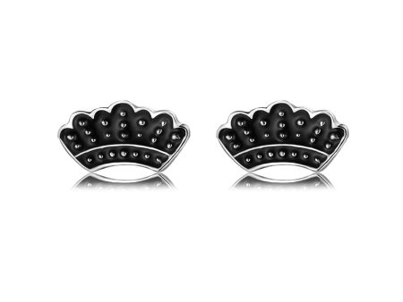 Silver-Plated & Black Enamel Crown Stud Earrings For Sale