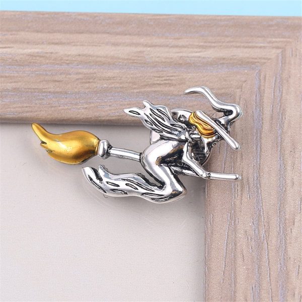 Yellow & Silver-Plated Flying Witch Brooch Online Hot Sale