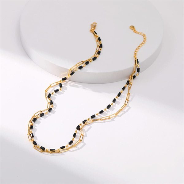 Black Acrylic & 18K Gold-Plated Layered Chain Necklace For Sale