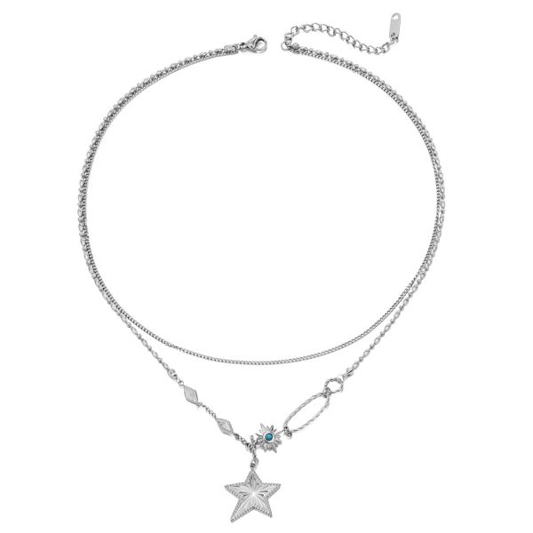 Turquoise & Silver-Plated Star Pendant Layered Necklace For Sale