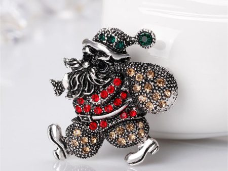 Cubic Zirconia & Silver-Plated Santa Claus & Gift Bag Brooch Fashion