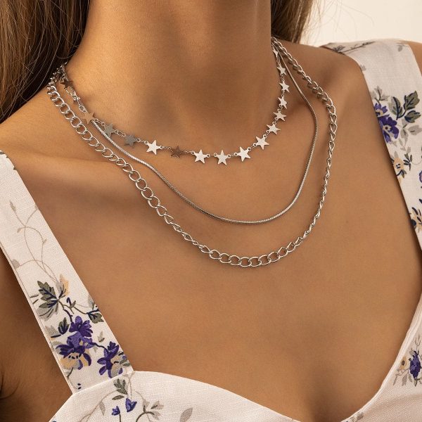 Silver-Plated Linking Star Layered Necklace Fashion