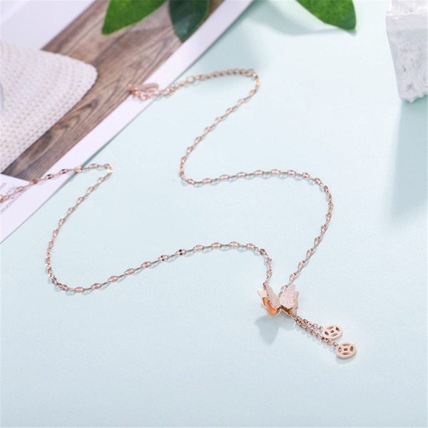 18K Rose Gold-Plated Frosted Butterfly Coin Tassel Pendant Necklace Supply