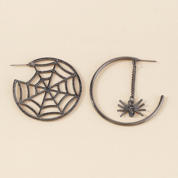 Black Cobweb & Spider Asymmetrical Huggie Earring Discount