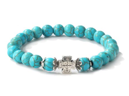 Turquoise & Silver-Plated Cross Charm Beaded Stretch Bracelet Discount