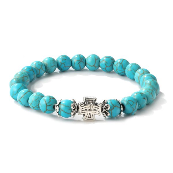 Turquoise & Silver-Plated Cross Charm Beaded Stretch Bracelet Discount