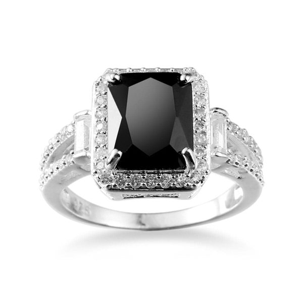 Black Crystal & Cubic Zirconia Halo Baguette Ring Sale