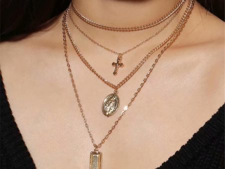 18K Gold-Plated Cross & Mary Layered Pendant Choker Necklace Discount