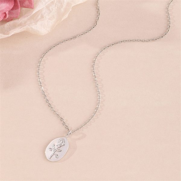 Silver-Plated Floral Oval Pendant Necklace Online