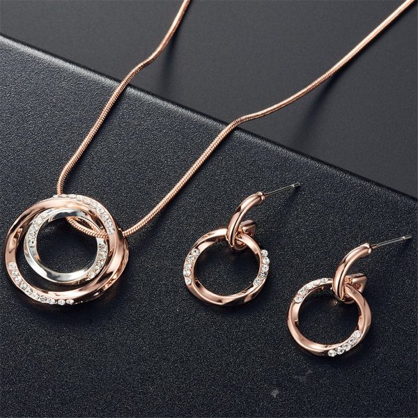 Two-Tone & Cubic Zirconia Double-Ring Pendant Necklace & Drop Earrings Fashion