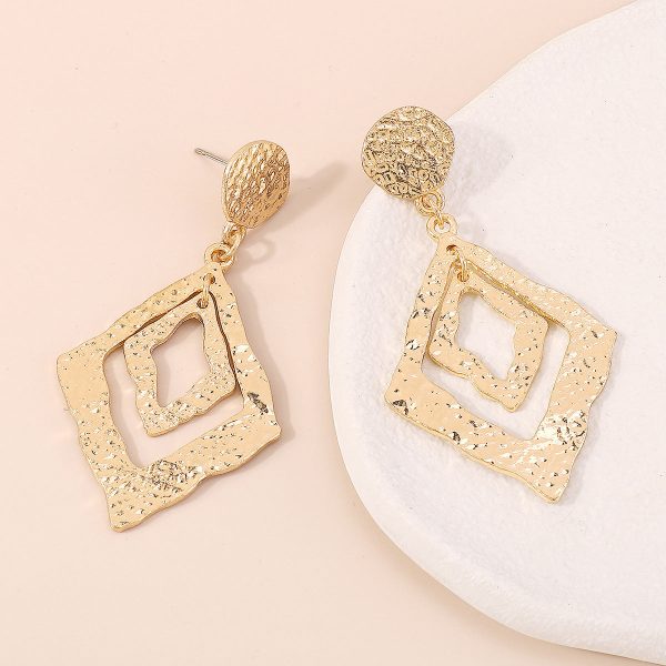 18K Gold-Plated Textured Dual Rhombus Drop Earrings Supply